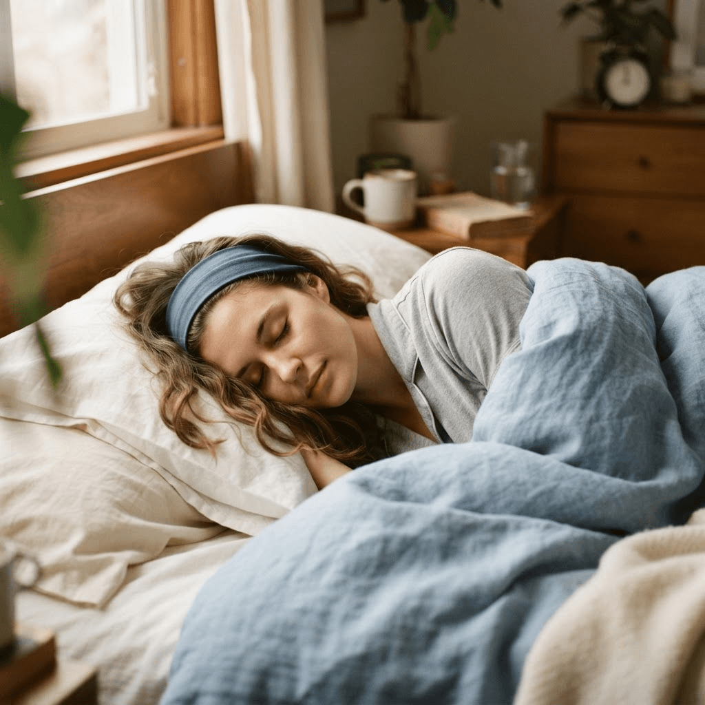 A slim matte fabric sleep headband resting in a soft curve on stone-cream linen in raking morning light